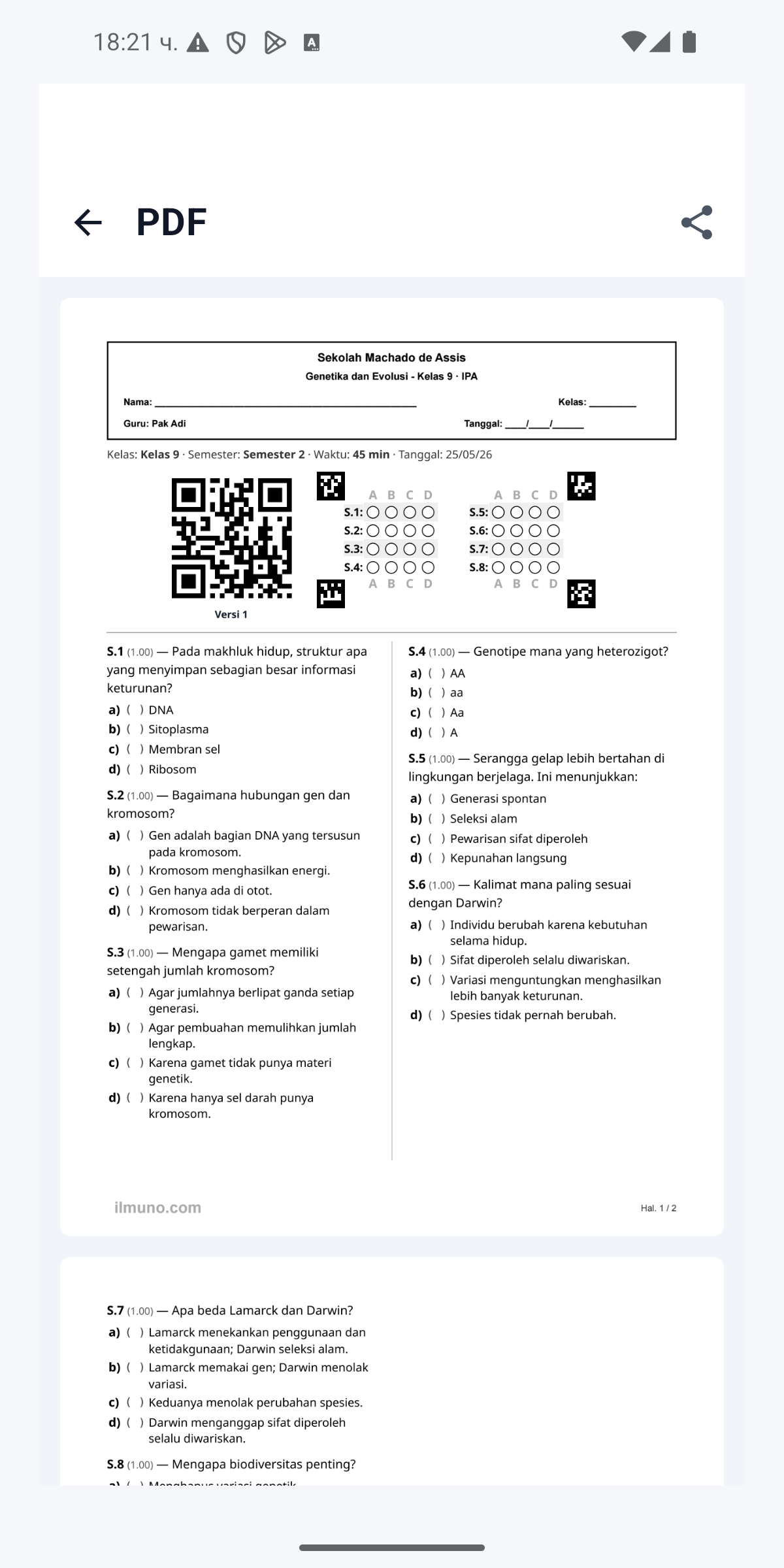 Tampilan nyata lembar jawaban PDF yang dibuat di Ilmuno