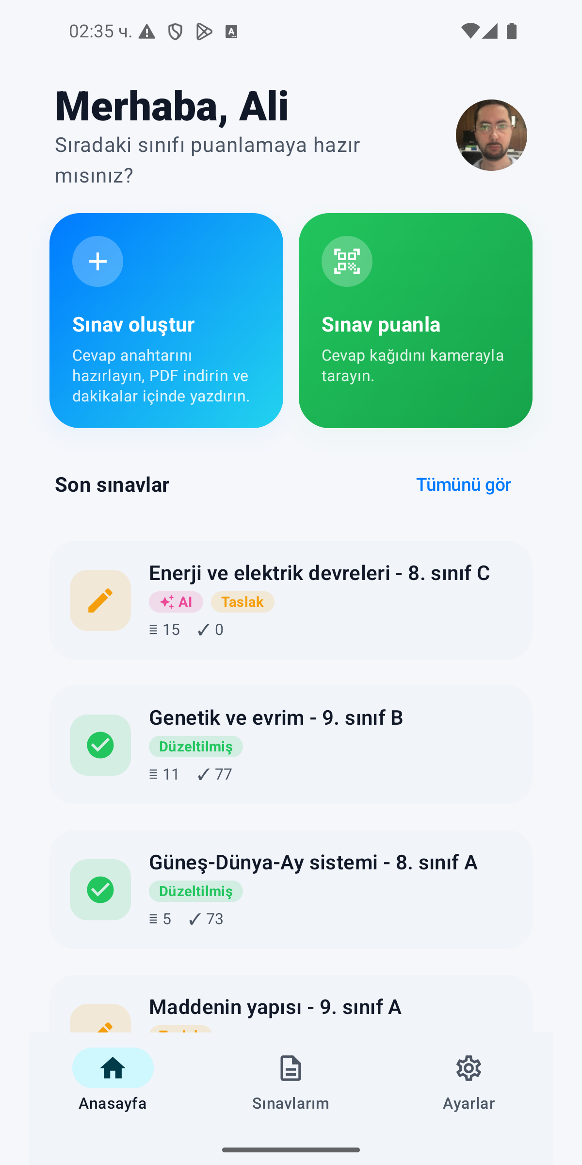 Ilmuno sinav ve sonuc panelinin gercek ekrani