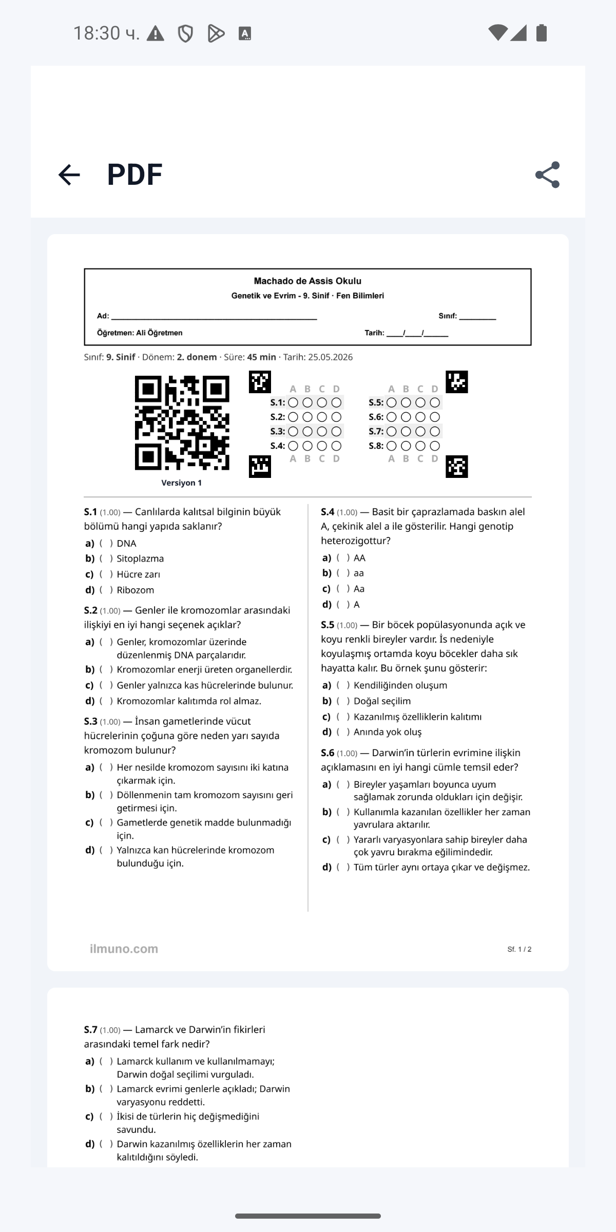 Ilmuno tarafindan olusturulan PDF cevap kagidi ekrani